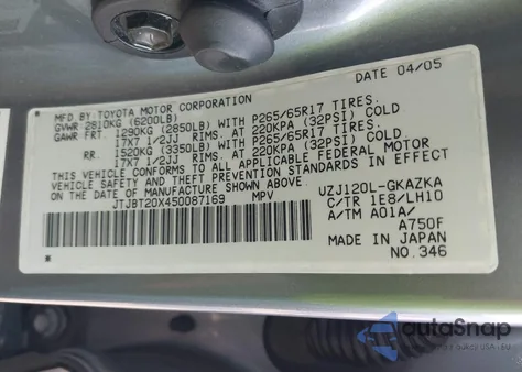 2005 Lexus Gx 470 из США, поврежденный, VIN JTJBT20X450087169